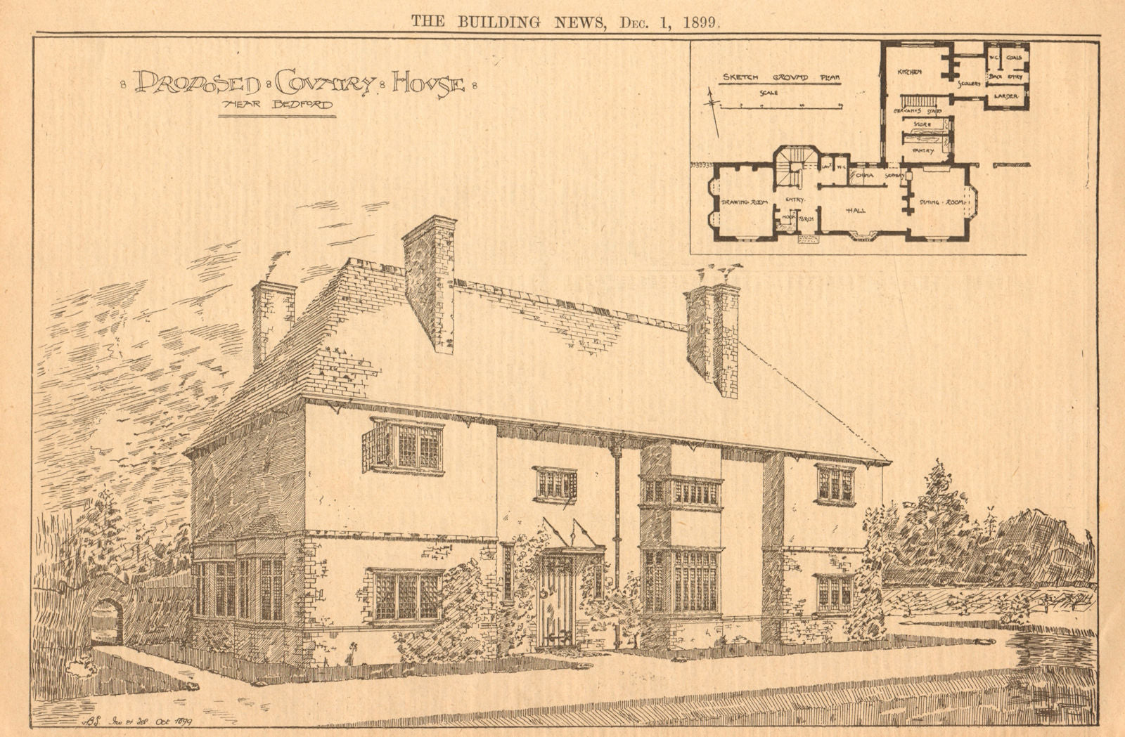 Proposed country house, near Bedford. Bedfordshire 1899 old antique print